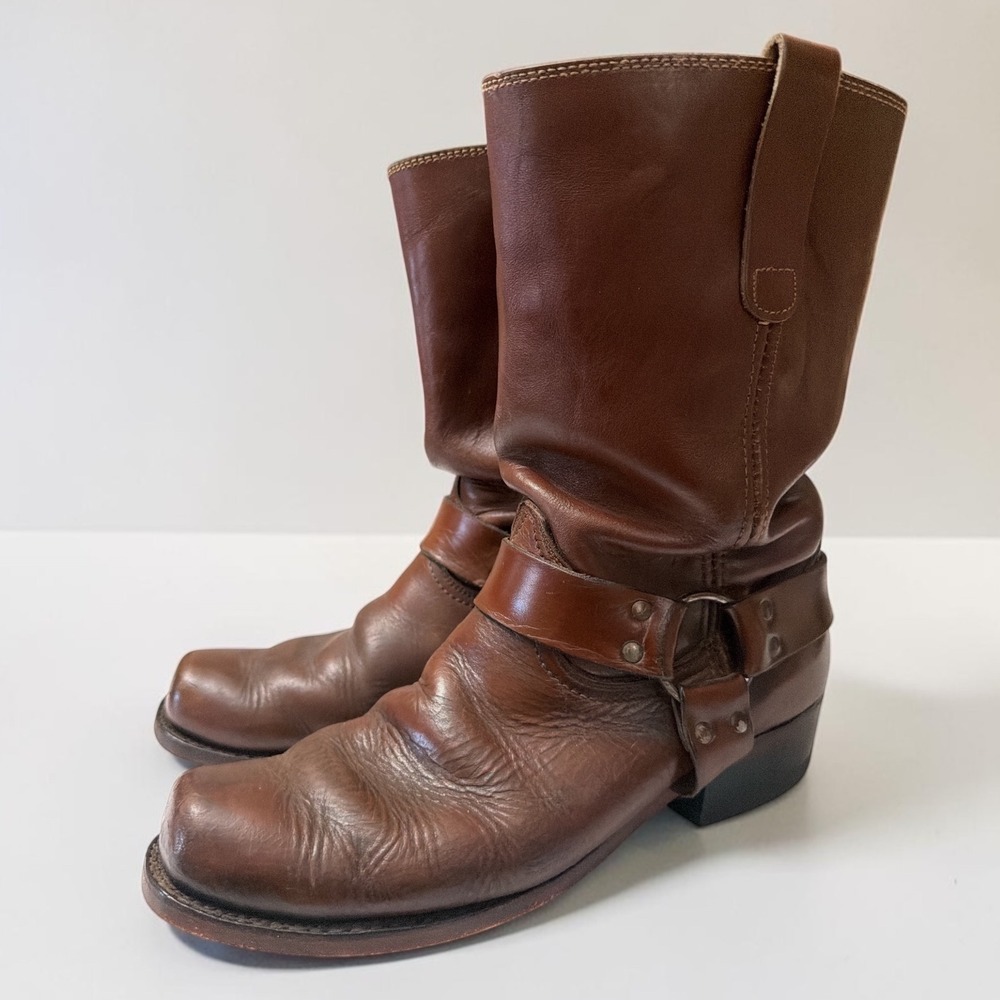 Frye 12 D Brown Leather Harness Boots Square Toe Biker Western 87401 674129